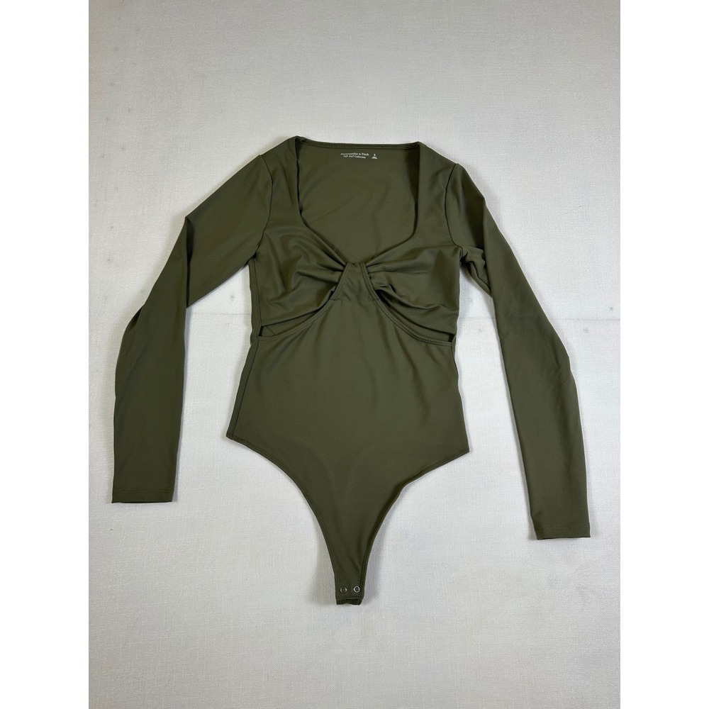 Abercrombie & Fitch Soft A&F Long Sleeve Cutout Twist Bodice Bodysuit Olive S - Picture 3 of 9